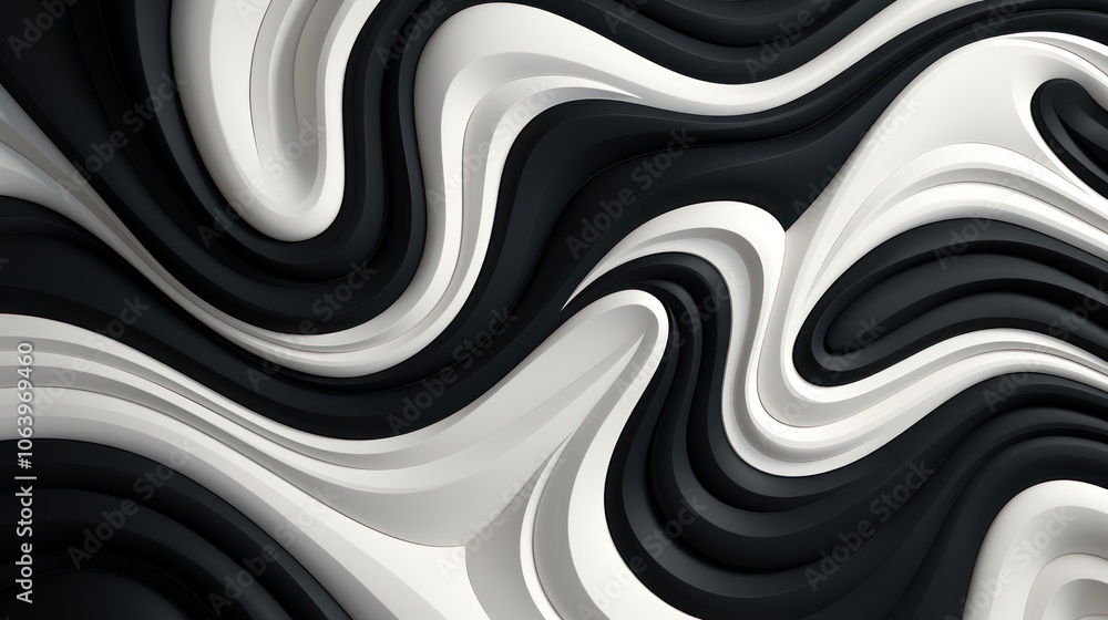 Poster abstract black and white wavy pattern creating a fluid and dynamic visual effect.
