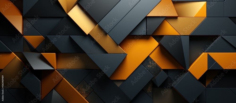 Poster abstract geometric design featuring dark and metallic orange triangular shapes.