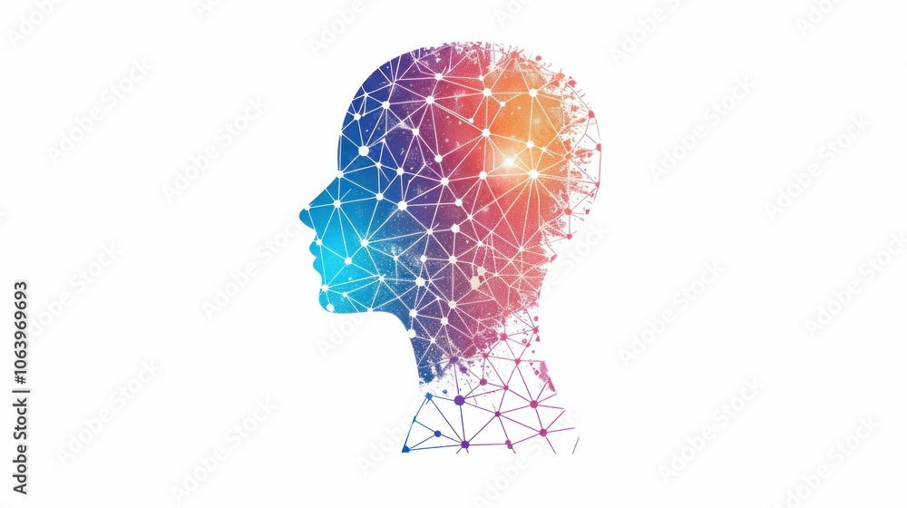 Poster abstract human silhouette with a colorful network of connected dots and lines on a white background,