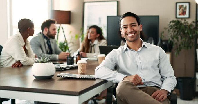 Meeting, planning and face of business man in boardroom for collaboration, teamwork and workshop. Strategy, corporate and coworking with people in office for project management and research at table
