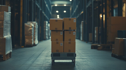 Stacked cardboard boxes on a trolley in a dimly lit warehouse aisle, depicting storage and logistics in an industrial environment.