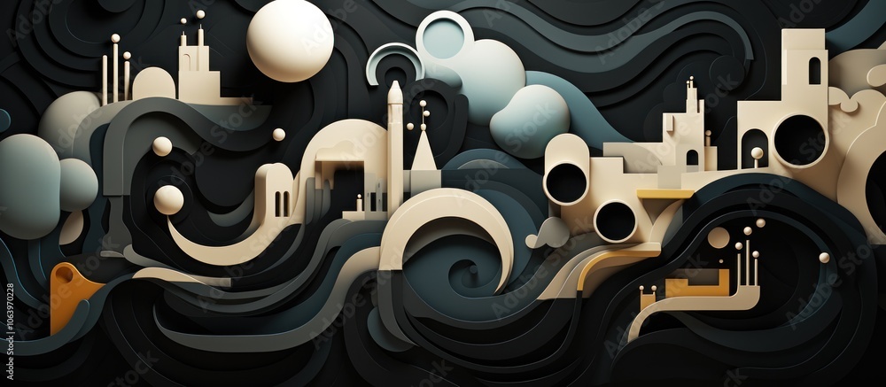 Poster abstract landscape with layered shapes and forms in a dark color palette.