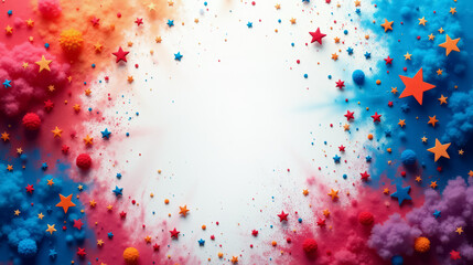 Celebratory composition of stars and fluffy textures in red, blue and orange colors, framing a white central space