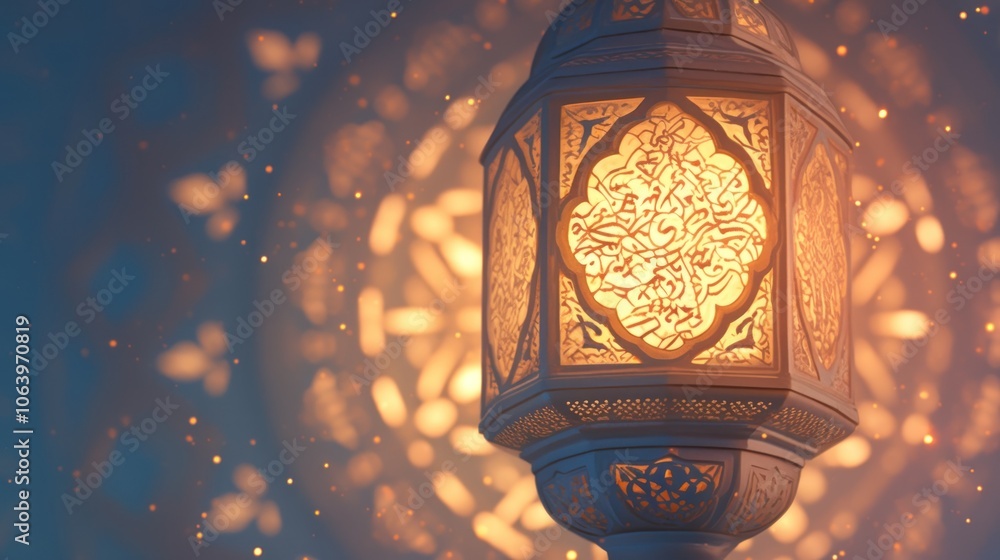 Poster a beautifully illuminated lantern casting intricate patterns on a surface.