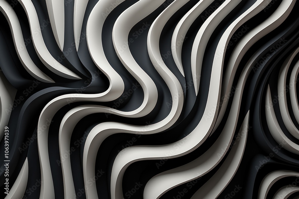 Poster abstract black and white wavy pattern creating a dynamic visual texture.