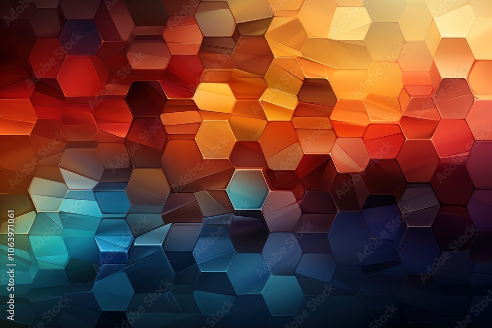 Poster a vibrant abstract design featuring hexagonal shapes in warm and cool tones.
