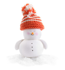 Cute decorative snowman and artificial snow isolated on white