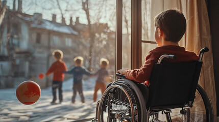 Obraz premium Young boy in a wheelchair watching other kids play outside through a window, capturing a moment of longing and reflection in winter.