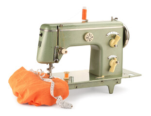 Sewing machine with orange fabric, measuring tape and spools of threads isolated on white