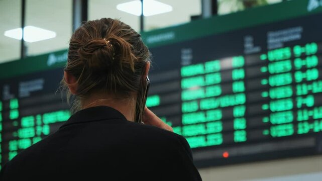 Businessman traveller man in airport near flight timetable, train bus station. Business man in jacket with luggage at airport terminal arrivals table. Waiting for flight delay plane In terminal