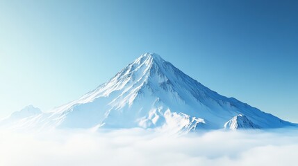 Majestic snow-capped mountain peak surrounded by clouds under a clear blue sky.