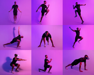 An athlete showcases an energetic workout, incorporating jump rope and various exercise poses. The vibrant purple lighting creates an engaging atmosphere, highlighting each movement clearly.