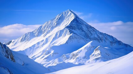 Majestic snow-covered mountain under a clear blue sky.