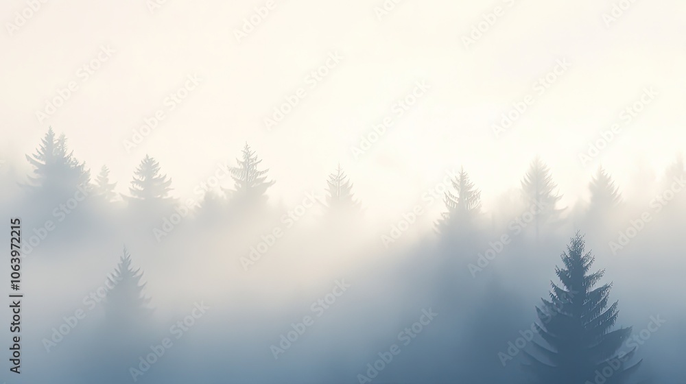 Poster misty forest landscape with silhouettes of pine trees enveloped in fog, creating a serene and tranqu