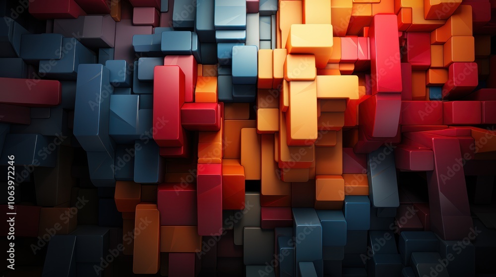 Poster Abstract composition of colorful 3D blocks arranged in a dynamic pattern.