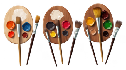Set of artist palettes featuring vibrant paints and brushes, highlighting creativity in an artistic environment, isolated on transparent PNG background