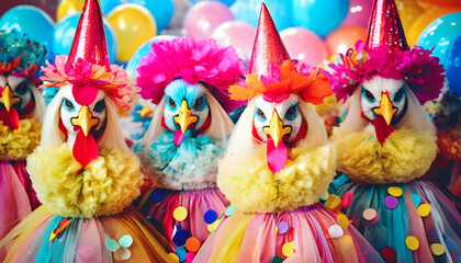 chicken, chickens, group, animals, carnival, cologne, new, close up, confetti, funny, 11.11., germany, clowns, clown, parade, color, colorful, feathers, wearing, costume, party, celebration, ad