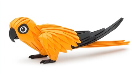Obraz premium A vibrant origami parrot crafted from trendy paper, showcasing intricate design and bright colors against a clean white backdrop