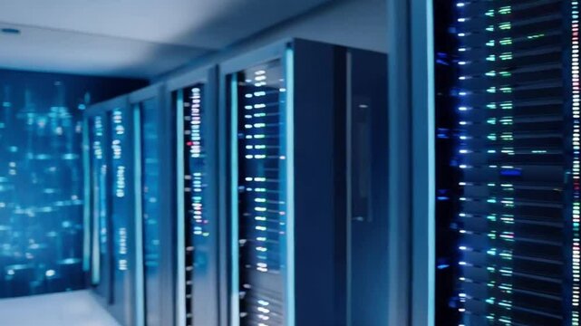 AI-powered cybersecurity systems running in a high-tech server room.