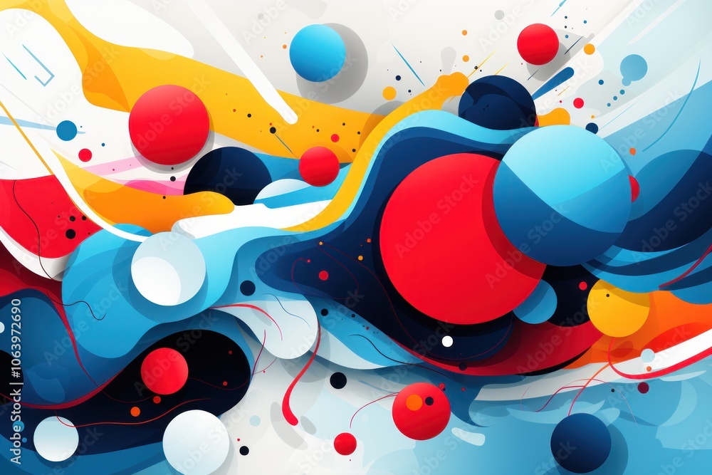 Poster abstract composition featuring colorful spheres and fluid shapes in a dynamic design.
