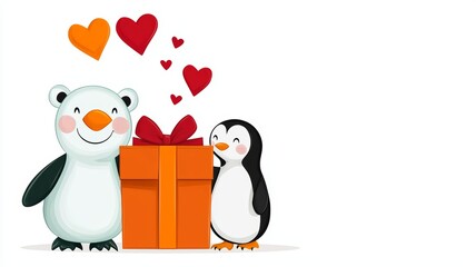 Obraz premium Cute Polar Bear and Penguin with Gift Box and Hearts