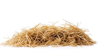 Close-up of light brown hay pile on white background. Hay arranged in loose natural manner with strands overlapping each other. Hay is focal point of image with contrasting white background.