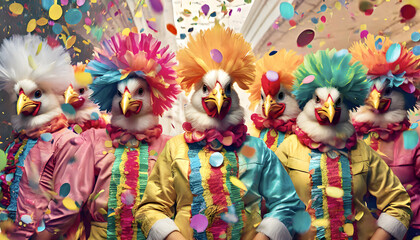 chicken, chickens, group, animals, carnival, cologne, new, close up, confetti, funny, 11.11., germany, clowns, clown, parade, color, colorful, feathers, wearing, costume, party, celebration, ad