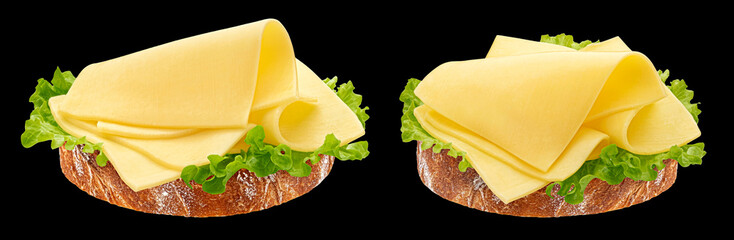 Gouda slices on bread isolated on black background