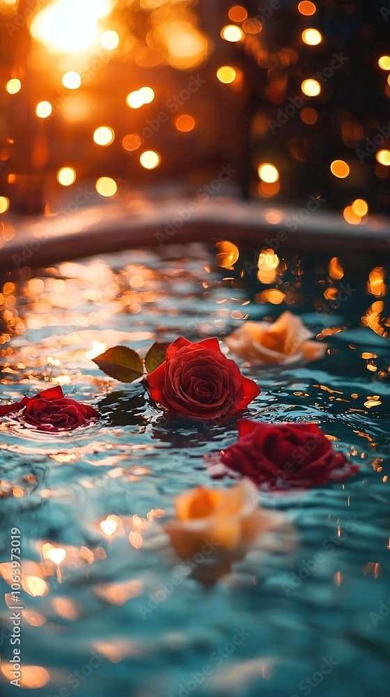 Poster a rose floating in a pool of water with a sun setting in the background and bokeh lights in the fore