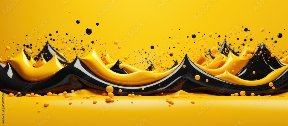 Poster abstract wave of yellow and black paint splashes, creating a dynamic visual effect.