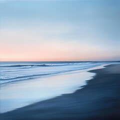 Fototapeta premium Serene beach landscape at dawn, featuring gentle waves and a pastel sky reflecting on wet sand.