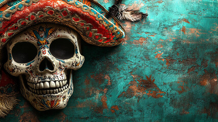 Fototapeta premium mexican sugar skull with sombrero and feather on teal background
