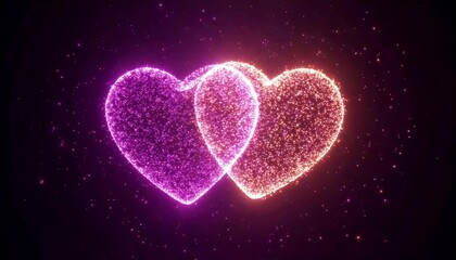 Obraz premium Two sparkling hearts in purple and orange colors, glowing against dark background, symbolize love and connection. Sale promotion advertising for happy newyear, valentine