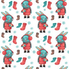 Christmas seamless pattern with rabbit with a cup in sweater, hat and scarf, festive elements. Illustrations for holiday designs. New Year's mood.
