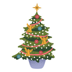 Christmas tree icon in a pot or planter. Vector sticker or sign isolated on background. Festive New Year tree decorated with toy angels, balls and lights. Traditional natural or faux holiday decor.