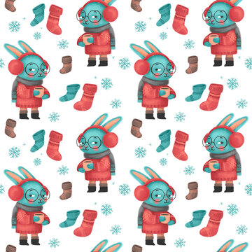 Christmas seamless pattern with rabbit with a cup in sweater, hat and scarf, festive elements. Illustrations for holiday designs. New Year's mood.