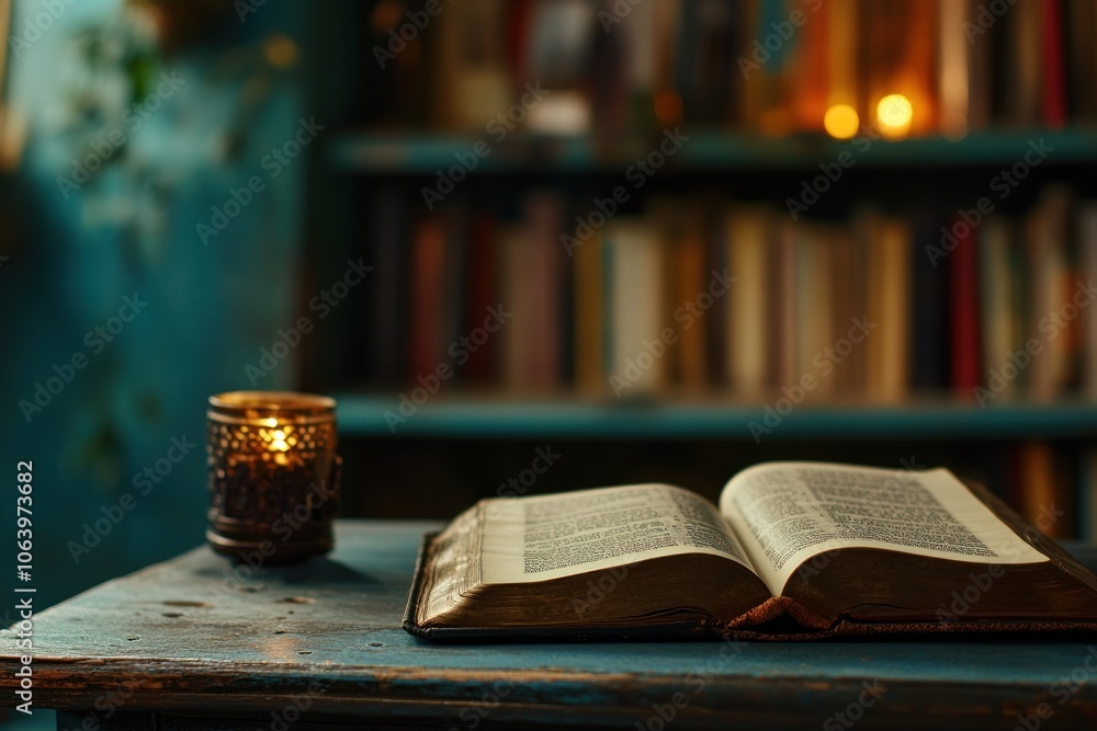 Poster an open book rests on a rustic table beside a lit candle, with a bookshelf in the background.