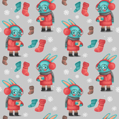 Christmas seamless pattern with rabbit with a cup in sweater, hat and scarf, festive elements. Illustrations for holiday designs. New Year's mood.