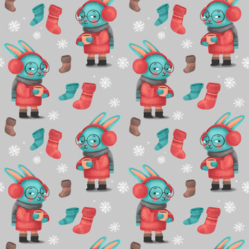 Christmas seamless pattern with rabbit with a cup in sweater, hat and scarf, festive elements. Illustrations for holiday designs. New Year's mood.