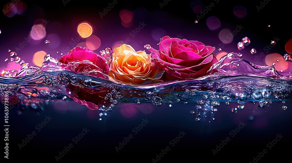 Poster three roses with water splashing on them on a black background with a splash of water in the foregro