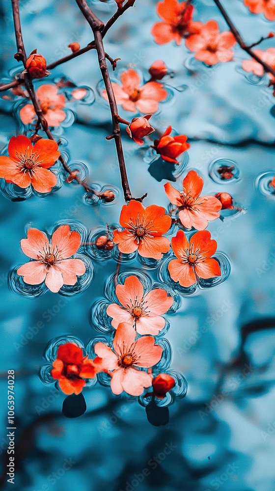 Poster an orange-flowered tree branch dips into a water pool with droplets on its branches
