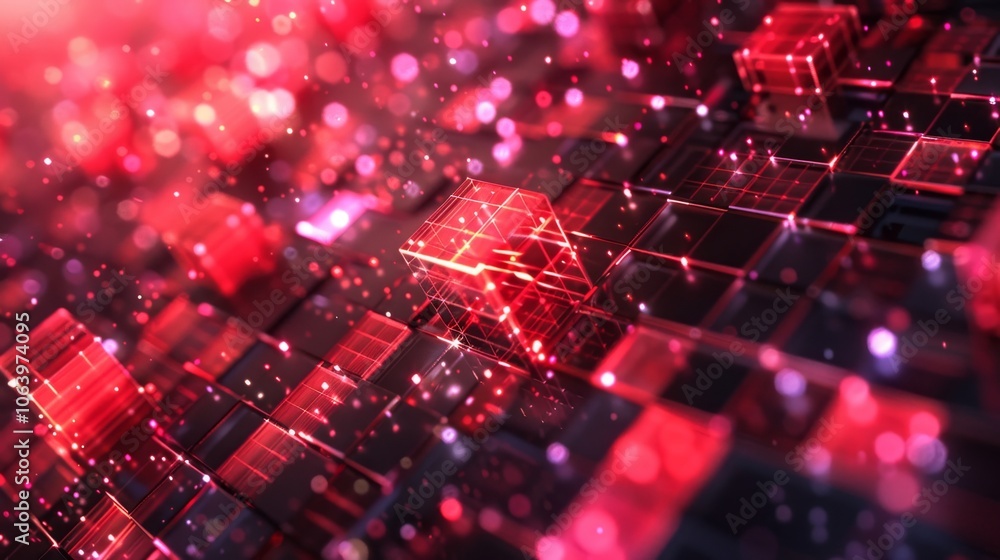Poster a vibrant chaos of glowing cubes and particles fills the digital landscape, creating an abstract and