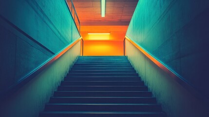 Fototapeta premium A brightly lit staircase leads upwards, with blue and orange walls creating a contrasting and modern feel.