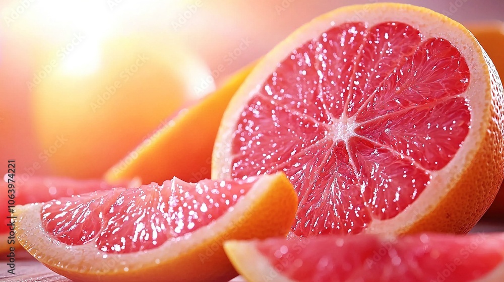 Poster a close-up of a halved grapefruit surrounded by grapefruits in the background