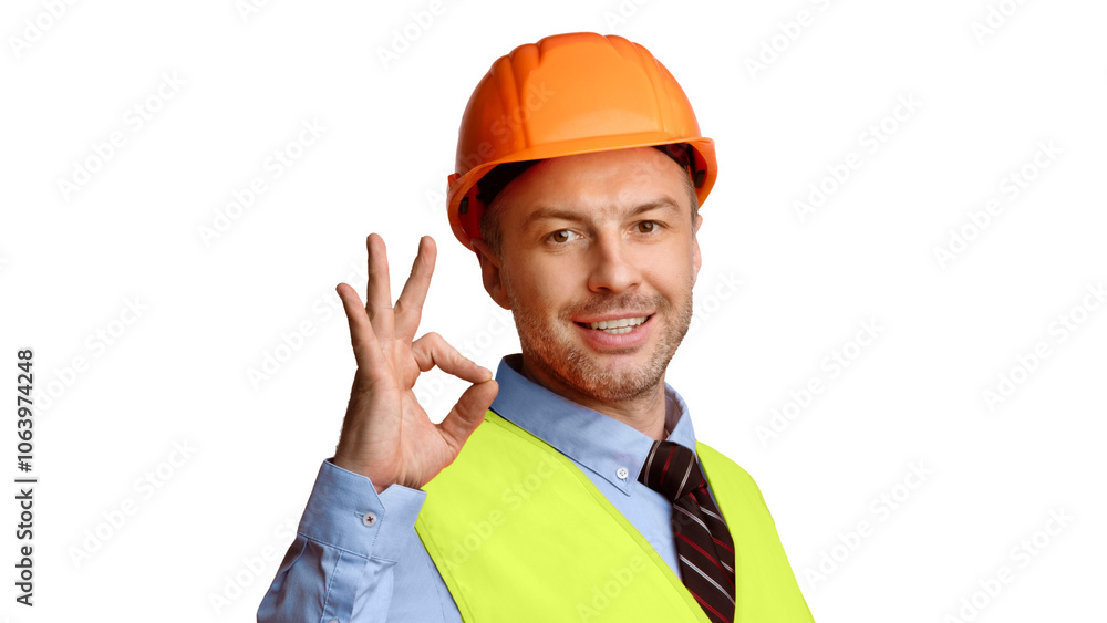 Poster cheerful builder in uniform gesturing ok sign smiling to camera standing on white studio background.