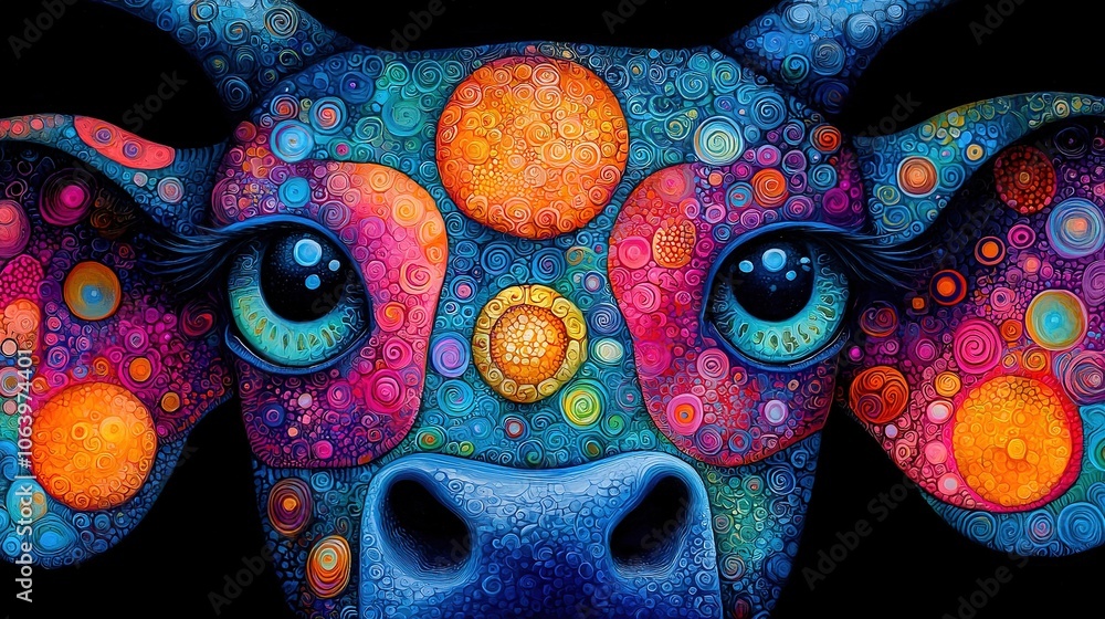 Poster a painting of a cow's face with numerous bubbles and intricate circle patterns adorning it