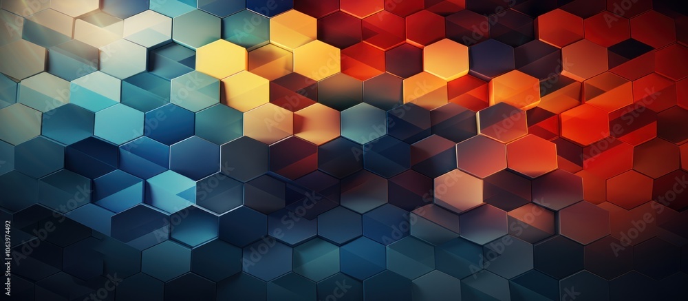 Poster a vibrant hexagonal pattern with blue, orange, and red tones creating a dynamic abstract design.