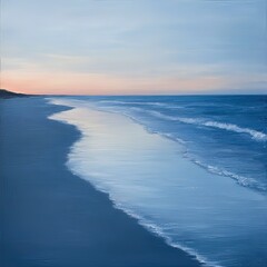 Obraz premium Tranquil beach scene at dusk with soft waves and a colorful sky reflecting on the water.