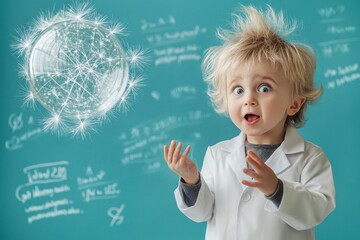 Funny child scientist against the blue background with scientific formulas. Science and education concept. Humor portrait for poster, school, aid, design