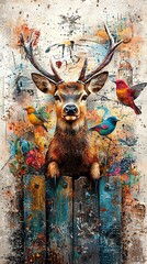  A Wooden Fence, Birds, and Antlers on Head
